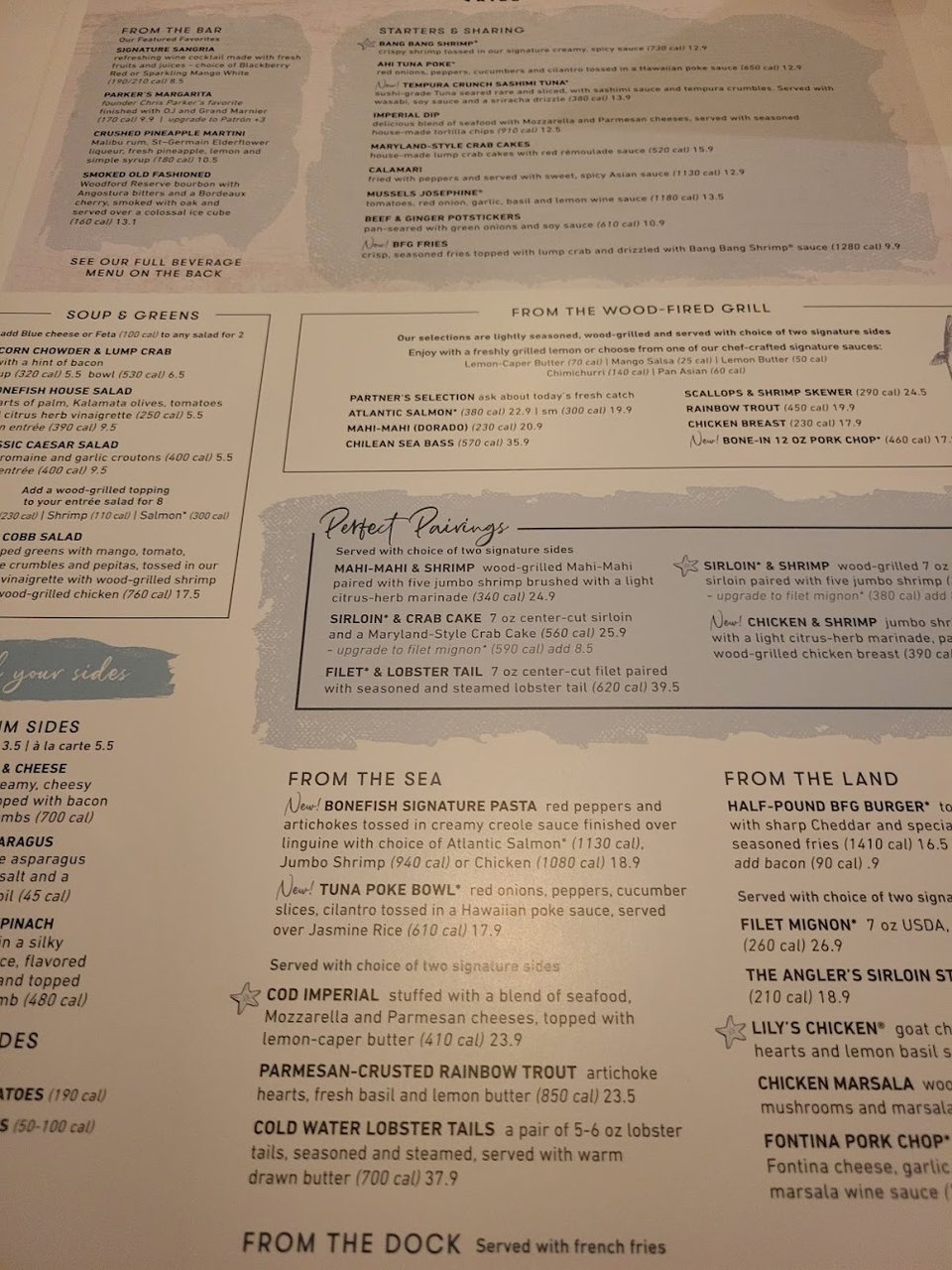 Menu page featuring fish, shrimp, and steak options.